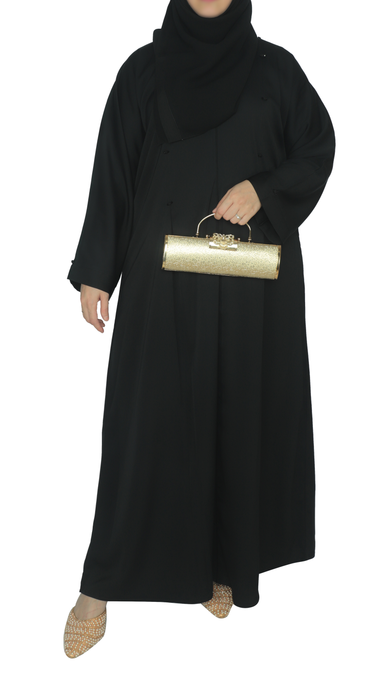 YUYINA MADE IN UAE Elegant Closed Abaya with Thread & Bead Work on Front and Sleeves, Stylish Pleats, with Matching Head Scarf, Everyday/Office Wear
