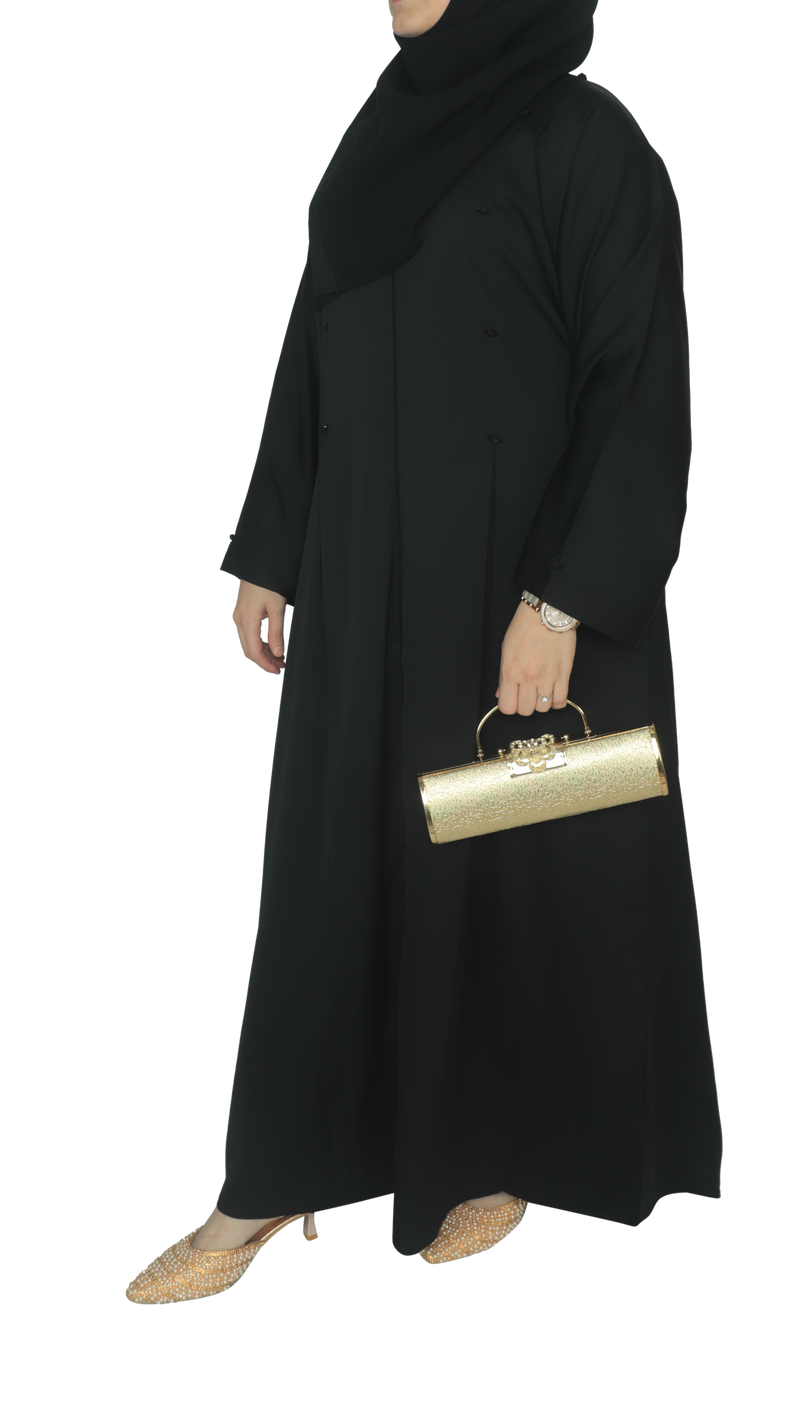 YUYINA MADE IN UAE Elegant Closed Abaya with Thread & Bead Work on Front and Sleeves, Stylish Pleats, with Matching Head Scarf, Everyday/Office Wear