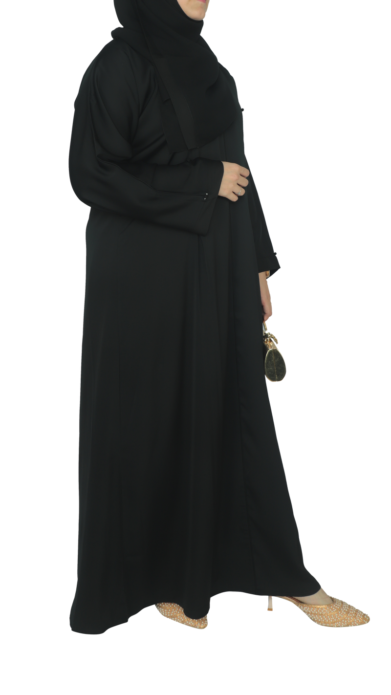 YUYINA MADE IN UAE Elegant Closed Abaya with Thread & Bead Work on Front and Sleeves, Stylish Pleats, with Matching Head Scarf, Everyday/Office Wear