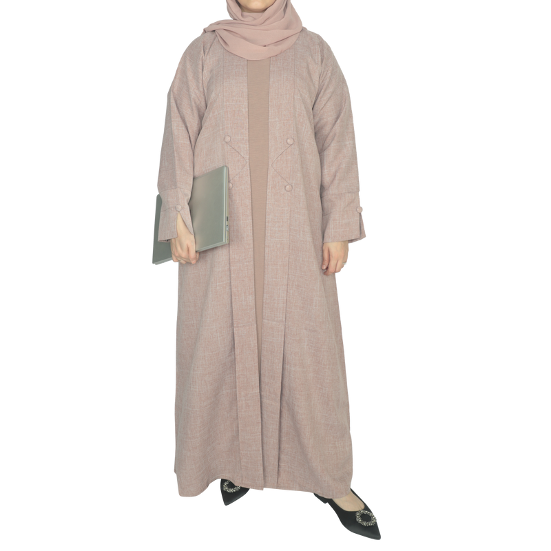 Yuyina MADE IN UAE Women's Stylish Dual Layer Abaya with Coat Pleated Button Design Slit Cuff Sleeves Inner Gown Hijab & Belt for Office Event Wear| Brownish Pink