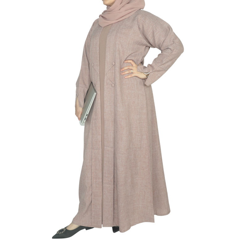 Yuyina MADE IN UAE Women's Stylish Dual Layer Abaya with Coat Pleated Button Design Slit Cuff Sleeves Inner Gown Hijab & Belt for Office Event Wear| Brownish Pink