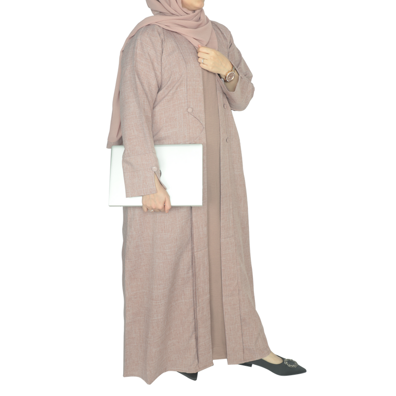 Yuyina MADE IN UAE Women's Stylish Dual Layer Abaya with Coat Pleated Button Design Slit Cuff Sleeves Inner Gown Hijab & Belt for Office Event Wear| Brownish Pink