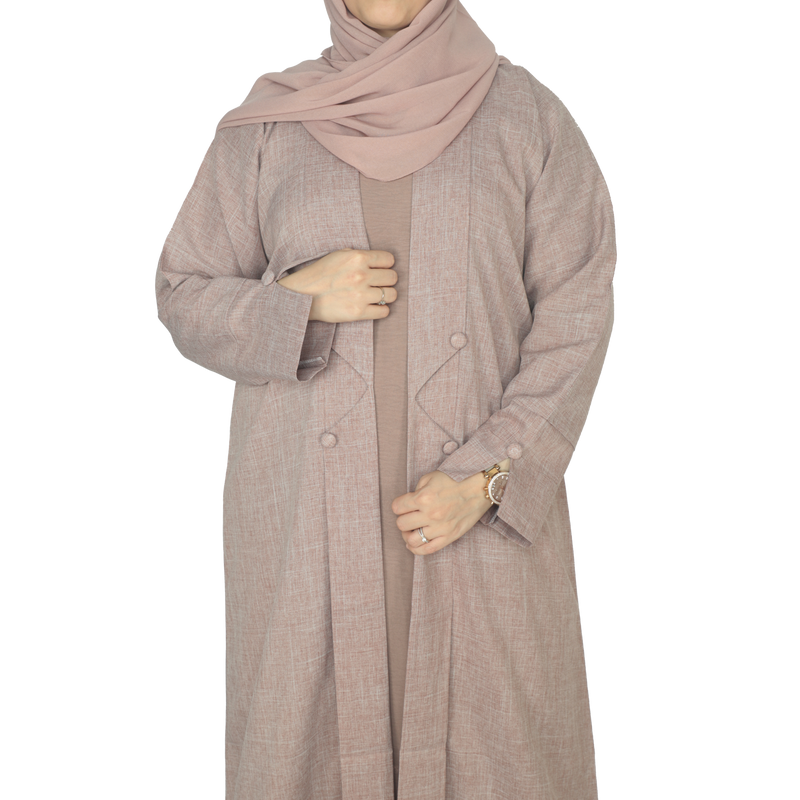 Yuyina MADE IN UAE Women's Stylish Dual Layer Abaya with Coat Pleated Button Design Slit Cuff Sleeves Inner Gown Hijab & Belt for Office Event Wear| Brownish Pink