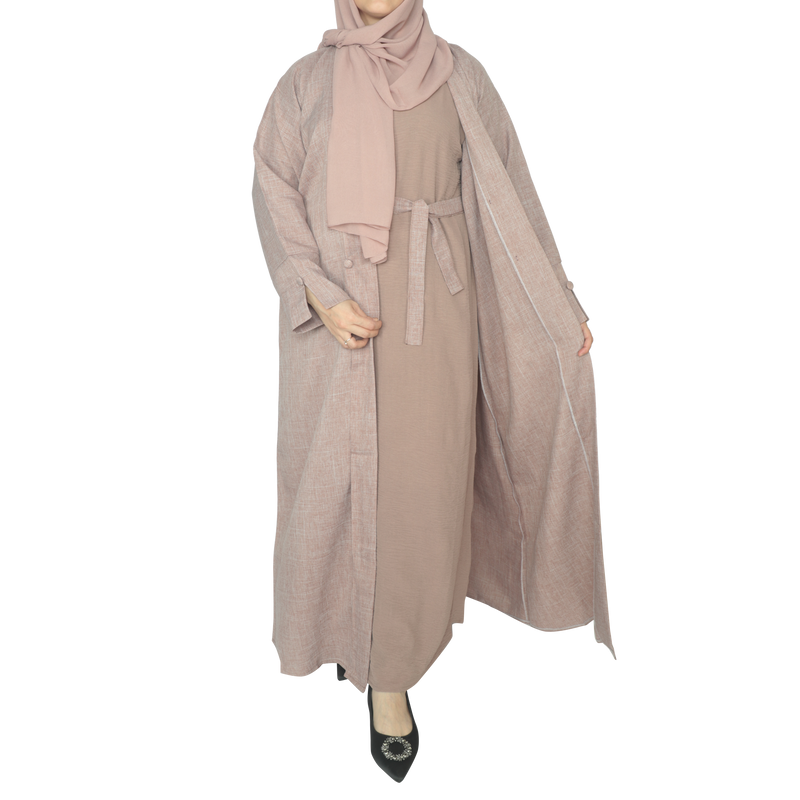 Yuyina MADE IN UAE Women's Stylish Dual Layer Abaya with Coat Pleated Button Design Slit Cuff Sleeves Inner Gown Hijab & Belt for Office Event Wear| Brownish Pink