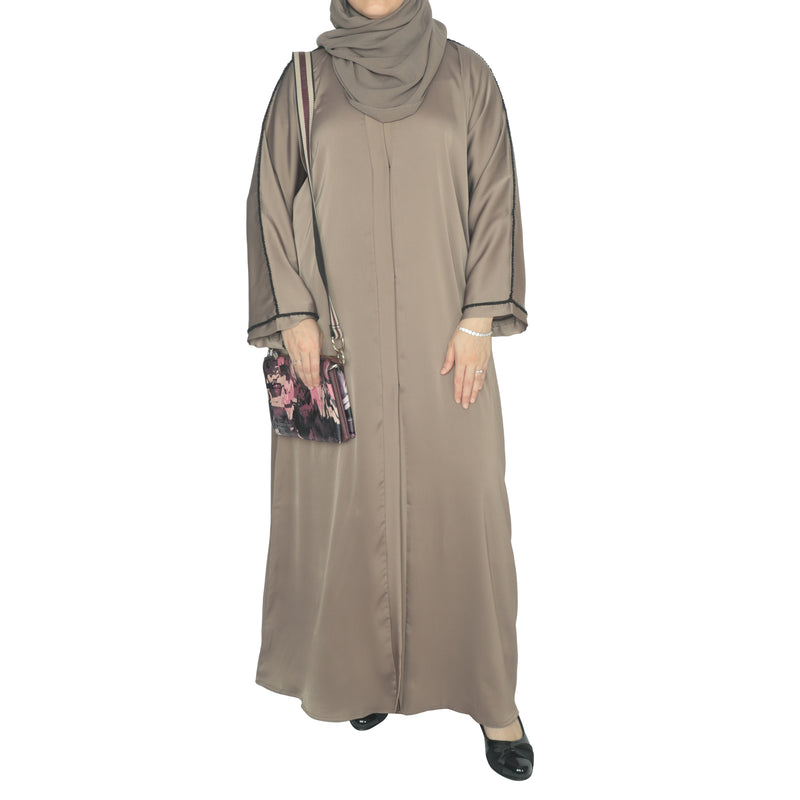 YUYINA MADE IN UAE Elegant Front Open Abaya with Buttons, Black Bead Lace on Sleeves, with Matching Head Scarf , Everyday/Office Wear