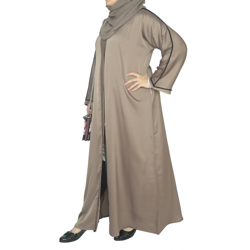 YUYINA MADE IN UAE Elegant Front Open Abaya with Buttons, Black Bead Lace on Sleeves, with Matching Head Scarf , Everyday/Office Wear