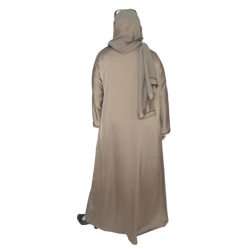 YUYINA MADE IN UAE Elegant Front Open Abaya with Buttons, Black Bead Lace on Sleeves, with Matching Head Scarf , Everyday/Office Wear