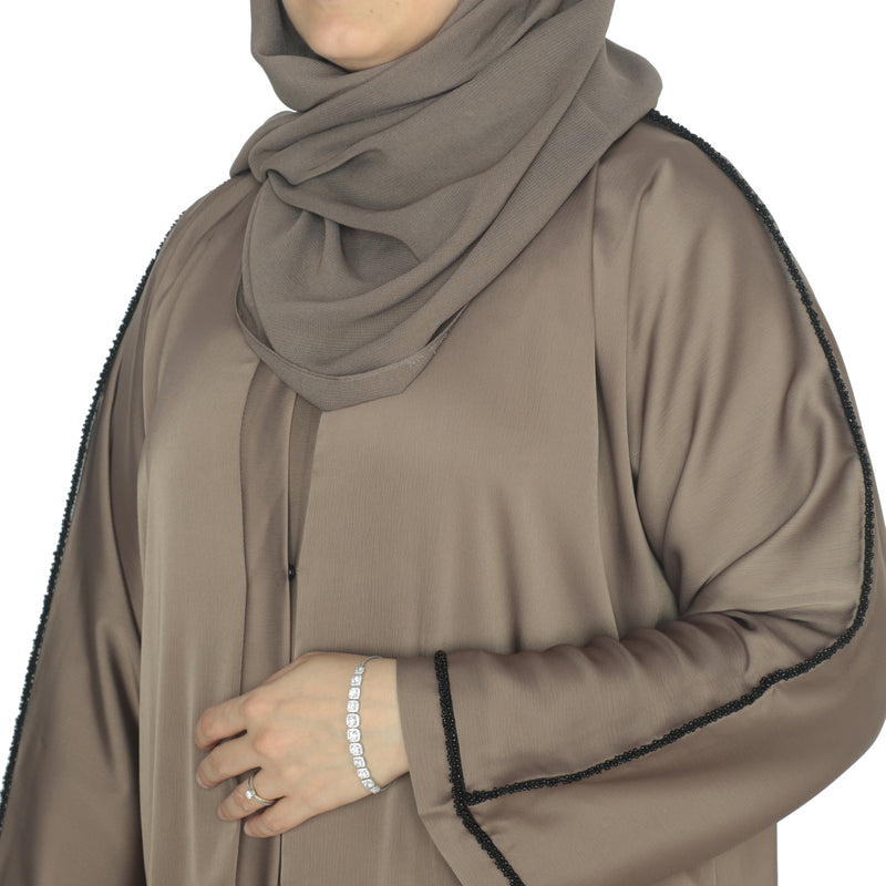 YUYINA MADE IN UAE Elegant Front Open Abaya with Buttons, Black Bead Lace on Sleeves, with Matching Head Scarf , Everyday/Office Wear