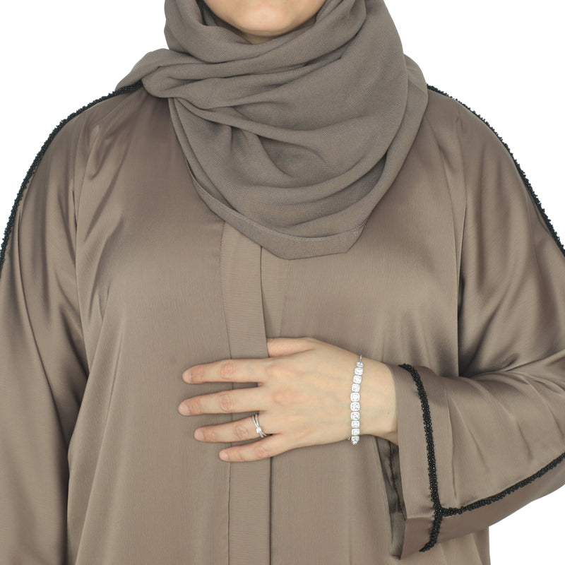 YUYINA MADE IN UAE Elegant Front Open Abaya with Buttons, Black Bead Lace on Sleeves, with Matching Head Scarf , Everyday/Office Wear