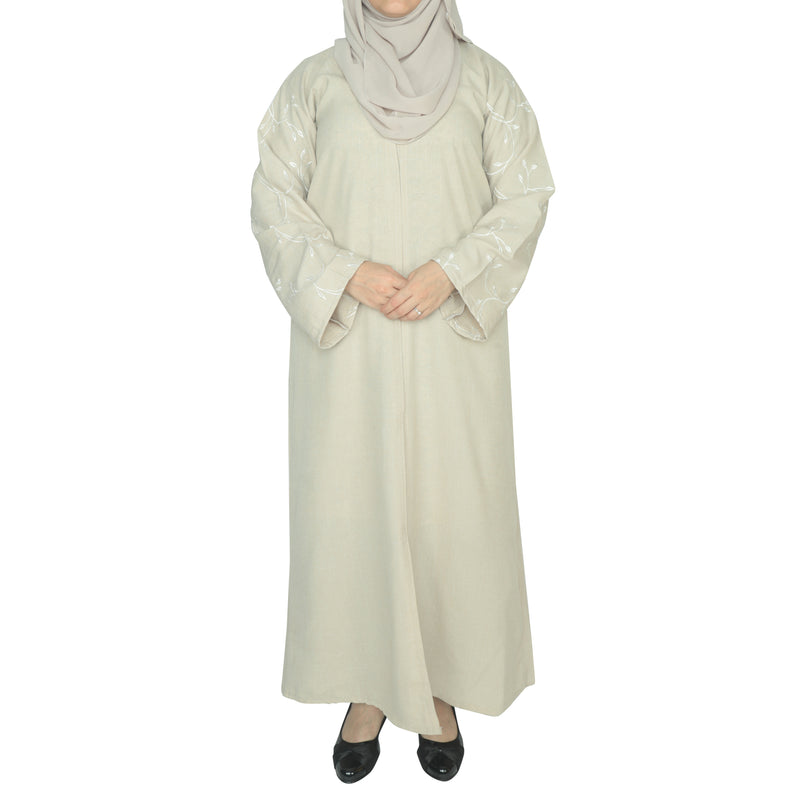 YUYINA MADE IN UAE Elegant Front Open Abaya with Buttons, Vine Leaf Hand Embroidery , with Matching Head Scarf , Everyday/Office Wear