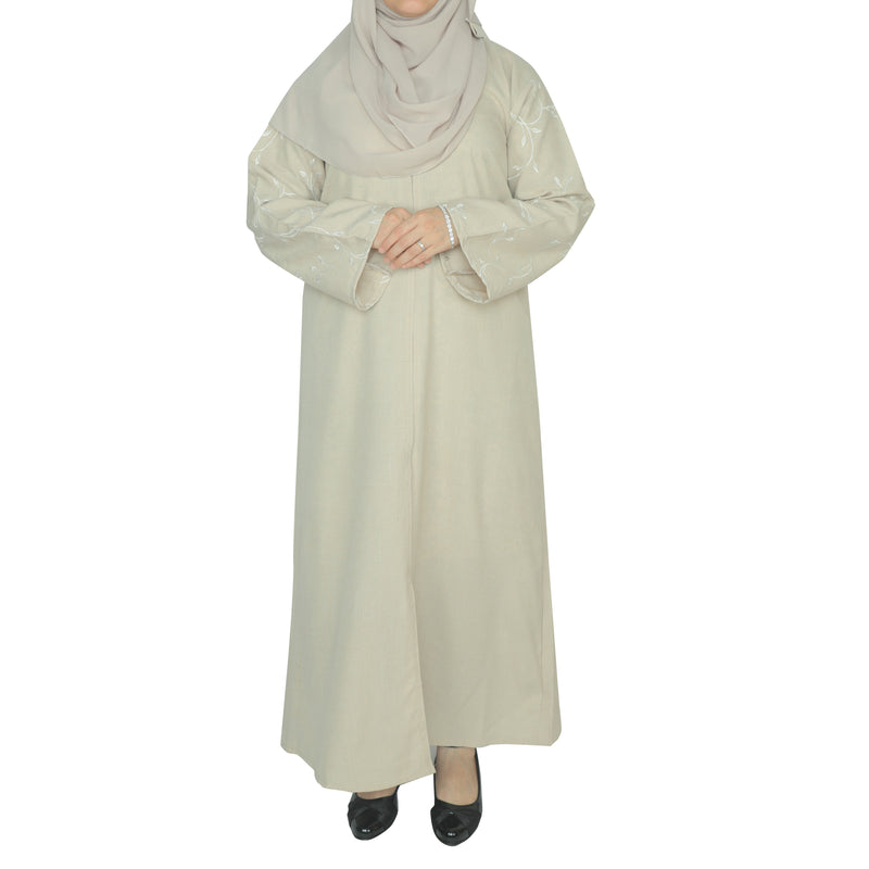 YUYINA MADE IN UAE Elegant Front Open Abaya with Buttons, Vine Leaf Hand Embroidery , with Matching Head Scarf , Everyday/Office Wear
