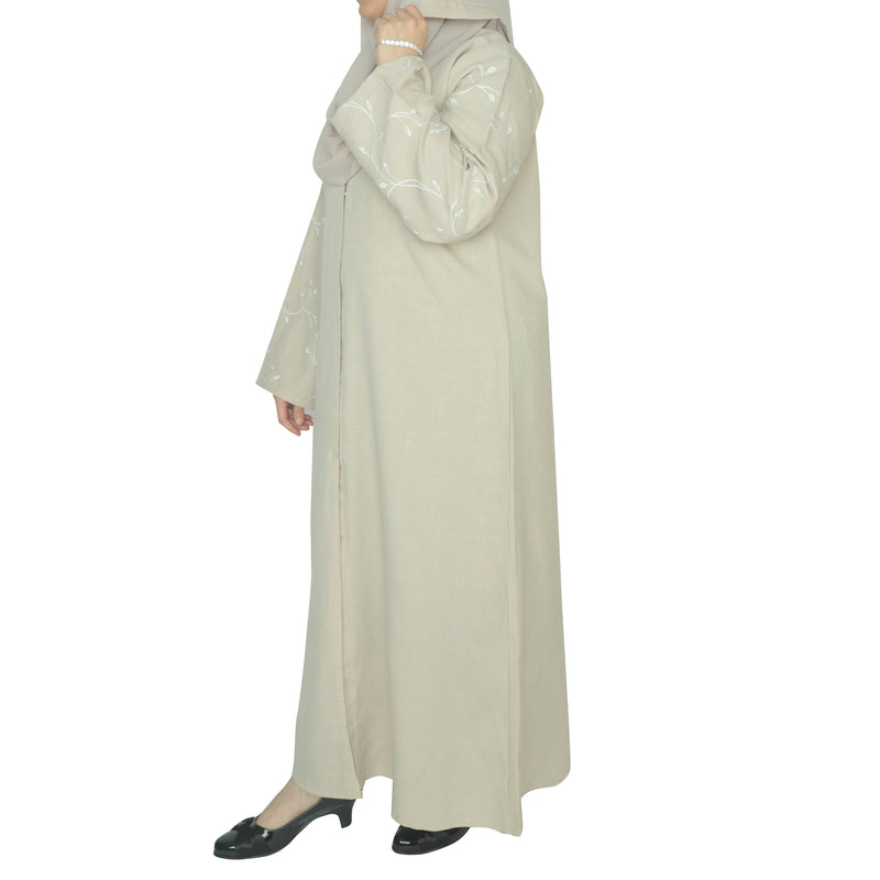 YUYINA MADE IN UAE Elegant Front Open Abaya with Buttons, Vine Leaf Hand Embroidery , with Matching Head Scarf , Everyday/Office Wear