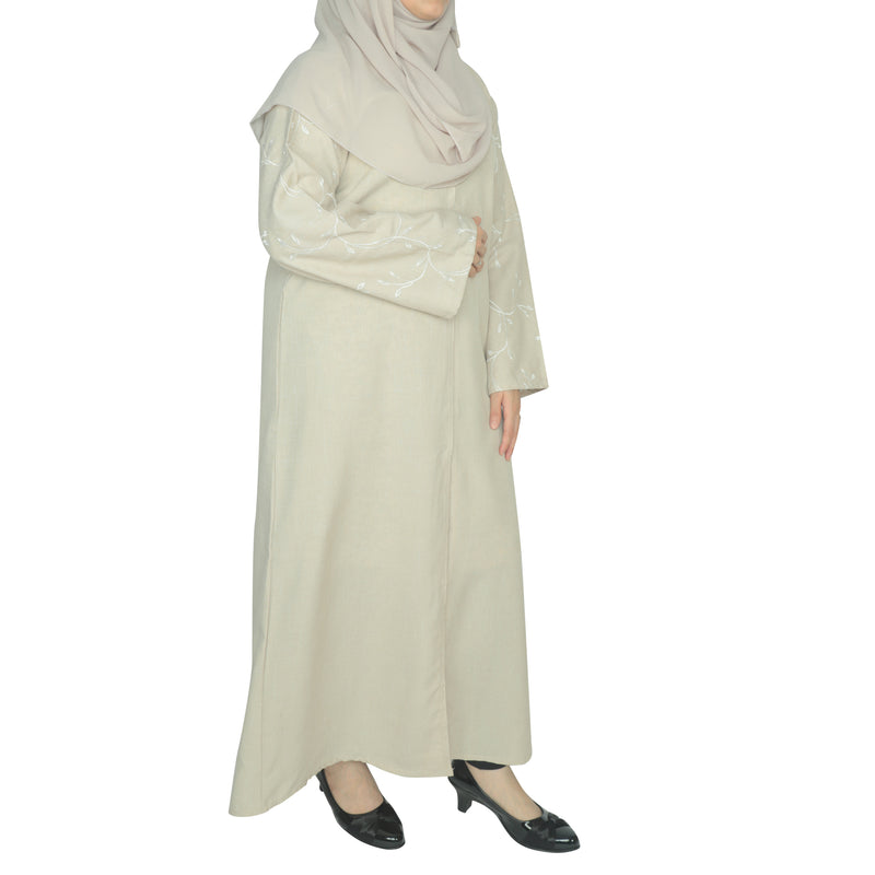 YUYINA MADE IN UAE Elegant Front Open Abaya with Buttons, Vine Leaf Hand Embroidery , with Matching Head Scarf , Everyday/Office Wear