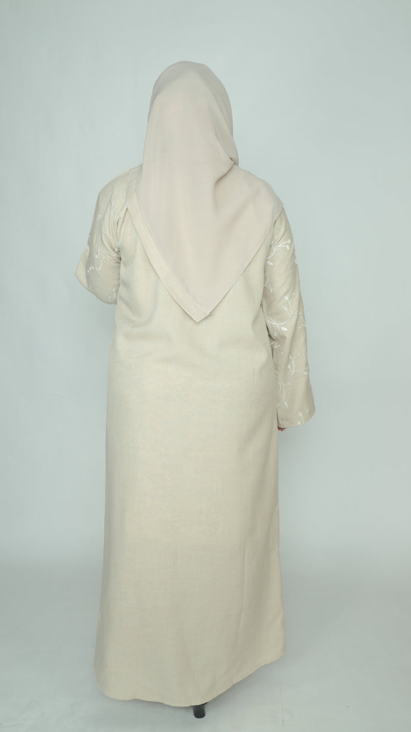 YUYINA MADE IN UAE Elegant Front Open Abaya with Buttons, Vine Leaf Hand Embroidery , with Matching Head Scarf , Everyday/Office Wear