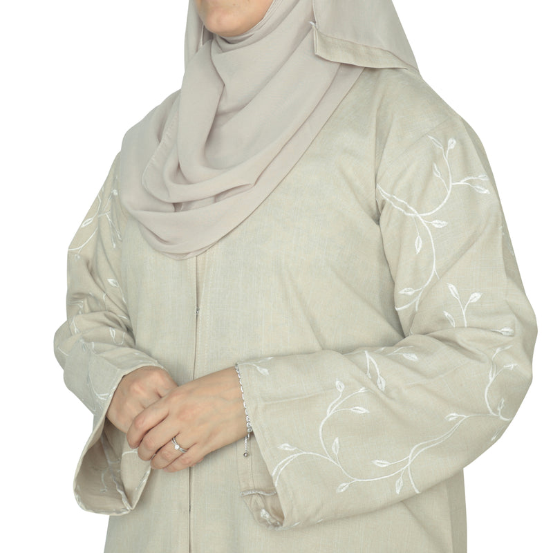 YUYINA MADE IN UAE Elegant Front Open Abaya with Buttons, Vine Leaf Hand Embroidery , with Matching Head Scarf , Everyday/Office Wear