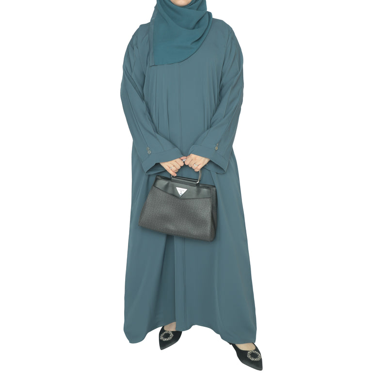 Yuyina MADE IN UAE Women's Elegant Closed Abaya with Button Detail Pleated Sleeves & Back with Matching Hijab for Party Office & Daily Wear| Steel Blue