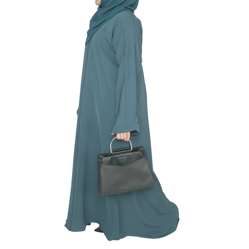 Yuyina MADE IN UAE Women's Elegant Closed Abaya with Button Detail Pleated Sleeves & Back with Matching Hijab for Party Office & Daily Wear| Steel Blue