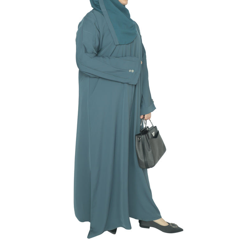 Yuyina MADE IN UAE Women's Elegant Closed Abaya with Button Detail Pleated Sleeves & Back with Matching Hijab for Party Office & Daily Wear| Steel Blue