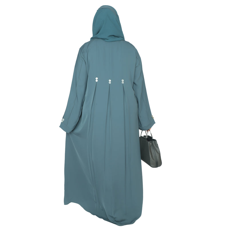 Yuyina MADE IN UAE Women's Elegant Closed Abaya with Button Detail Pleated Sleeves & Back with Matching Hijab for Party Office & Daily Wear| Steel Blue