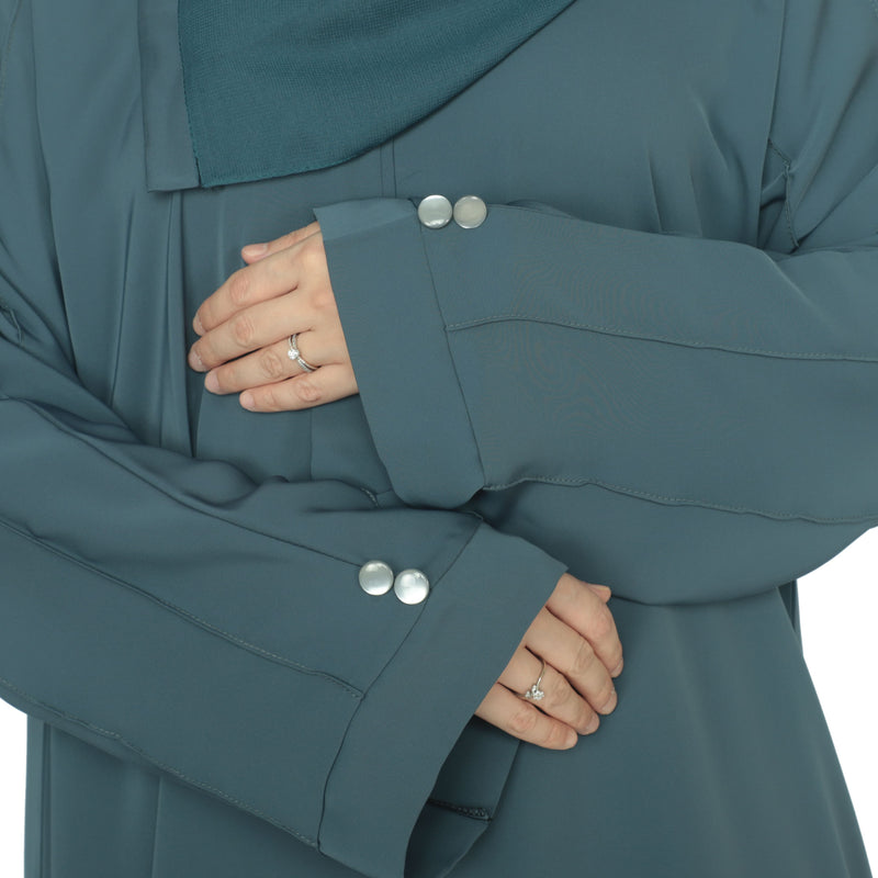 Yuyina MADE IN UAE Women's Elegant Closed Abaya with Button Detail Pleated Sleeves & Back with Matching Hijab for Party Office & Daily Wear| Steel Blue