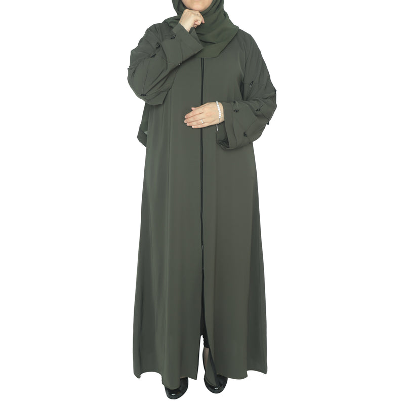 YUYINA MADE IN UAE Elegant Front Open Abaya with Buttons , Thread Work and Black Beads on Sleeves, with Matching Head Scarf, Everyday/Office Wear
