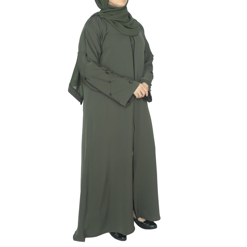 YUYINA MADE IN UAE Elegant Front Open Abaya with Buttons , Thread Work and Black Beads on Sleeves, with Matching Head Scarf, Everyday/Office Wear