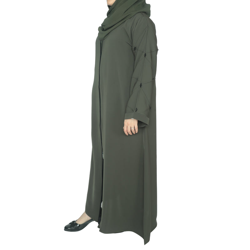 YUYINA MADE IN UAE Elegant Front Open Abaya with Buttons , Thread Work and Black Beads on Sleeves, with Matching Head Scarf, Everyday/Office Wear