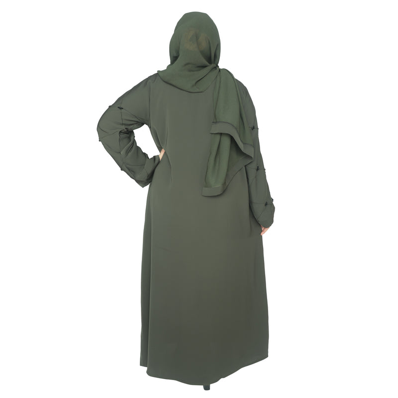 YUYINA MADE IN UAE Elegant Front Open Abaya with Buttons , Thread Work and Black Beads on Sleeves, with Matching Head Scarf, Everyday/Office Wear