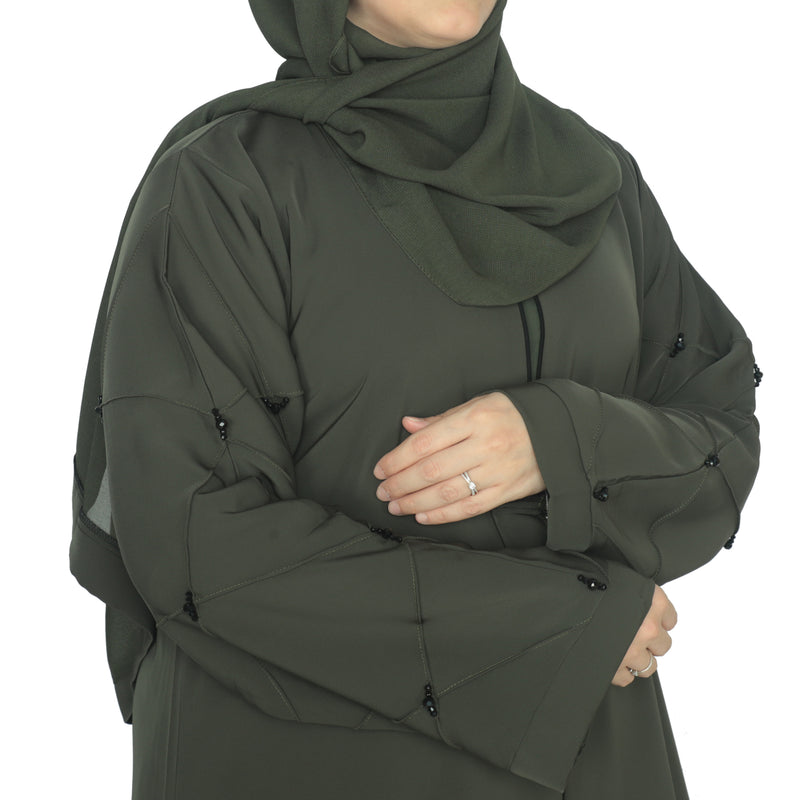 YUYINA MADE IN UAE Elegant Front Open Abaya with Buttons , Thread Work and Black Beads on Sleeves, with Matching Head Scarf, Everyday/Office Wear