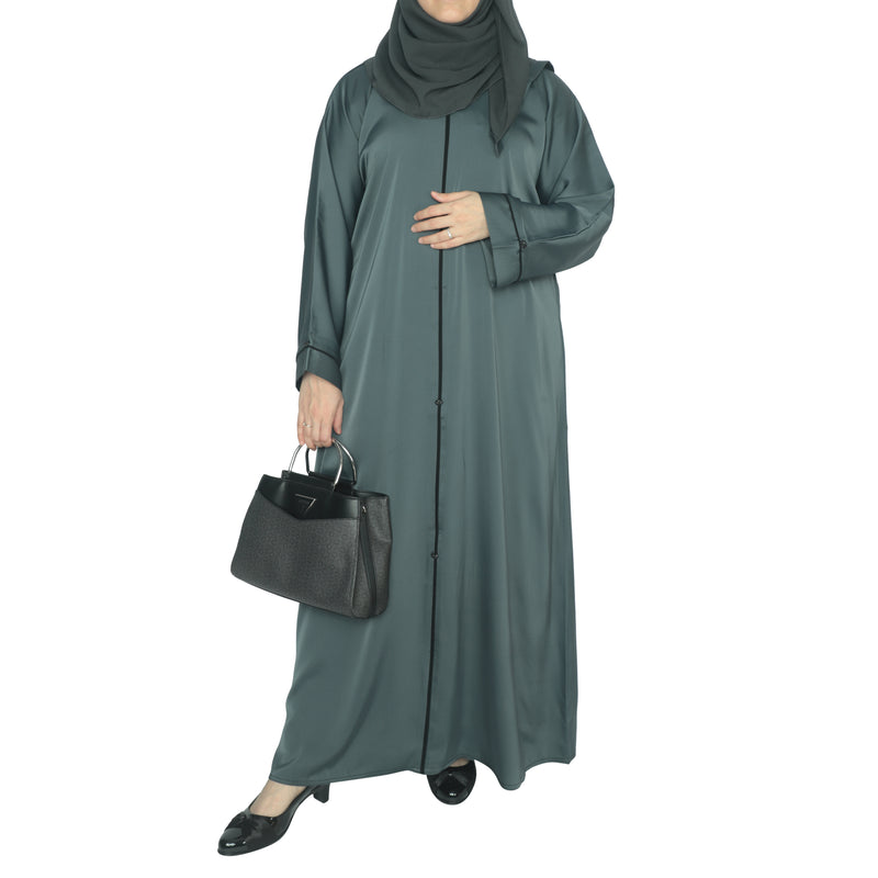 YUYINA MADE IN UAE Elegant Closed Abaya with Black Piping on Front and Sleeves, Decorative Buttons, with Matching Head Scarf, Everyday/Office Wear