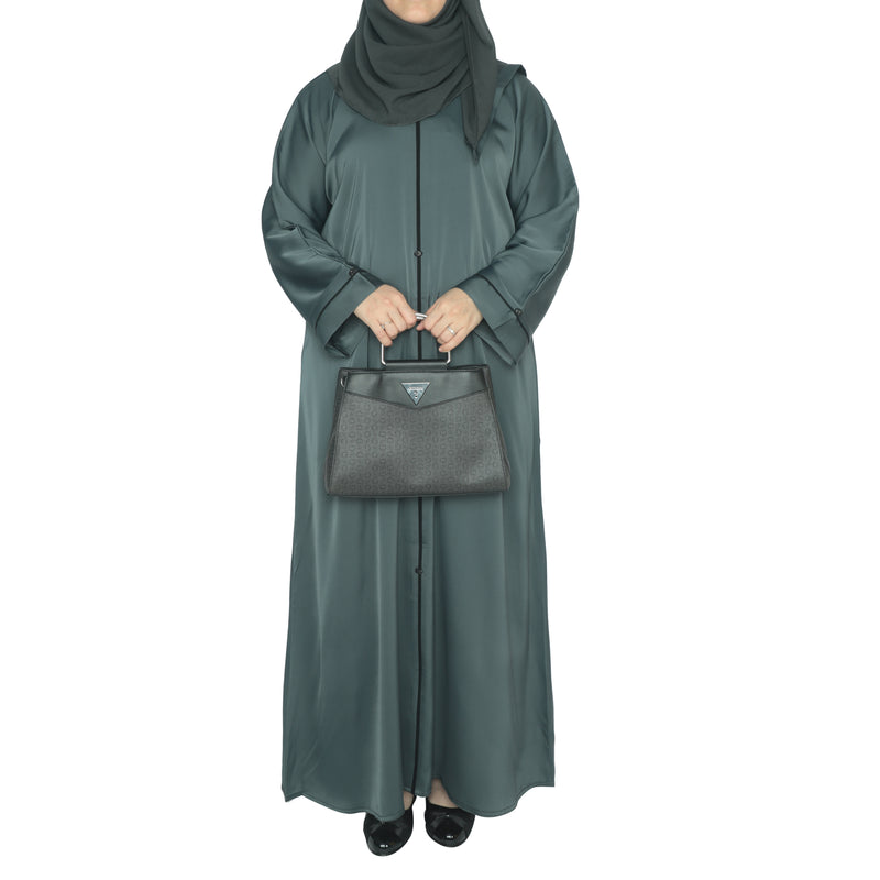 YUYINA MADE IN UAE Elegant Closed Abaya with Black Piping on Front and Sleeves, Decorative Buttons, with Matching Head Scarf, Everyday/Office Wear