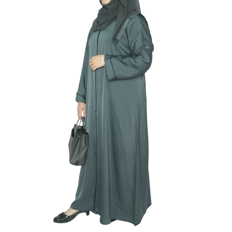 YUYINA MADE IN UAE Elegant Closed Abaya with Black Piping on Front and Sleeves, Decorative Buttons, with Matching Head Scarf, Everyday/Office Wear