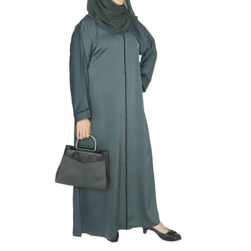 YUYINA MADE IN UAE Elegant Closed Abaya with Black Piping on Front and Sleeves, Decorative Buttons, with Matching Head Scarf, Everyday/Office Wear