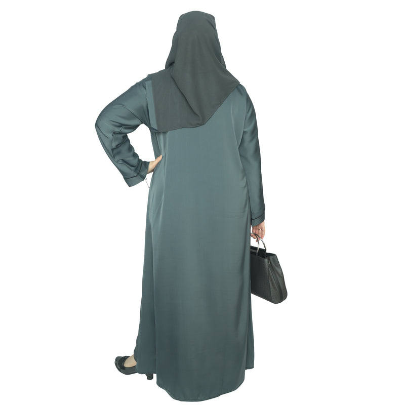 YUYINA MADE IN UAE Elegant Closed Abaya with Black Piping on Front and Sleeves, Decorative Buttons, with Matching Head Scarf, Everyday/Office Wear