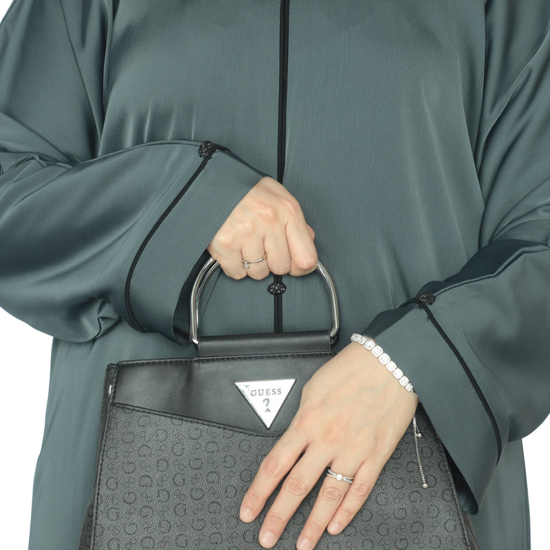 YUYINA MADE IN UAE Elegant Closed Abaya with Black Piping on Front and Sleeves, Decorative Buttons, with Matching Head Scarf, Everyday/Office Wear