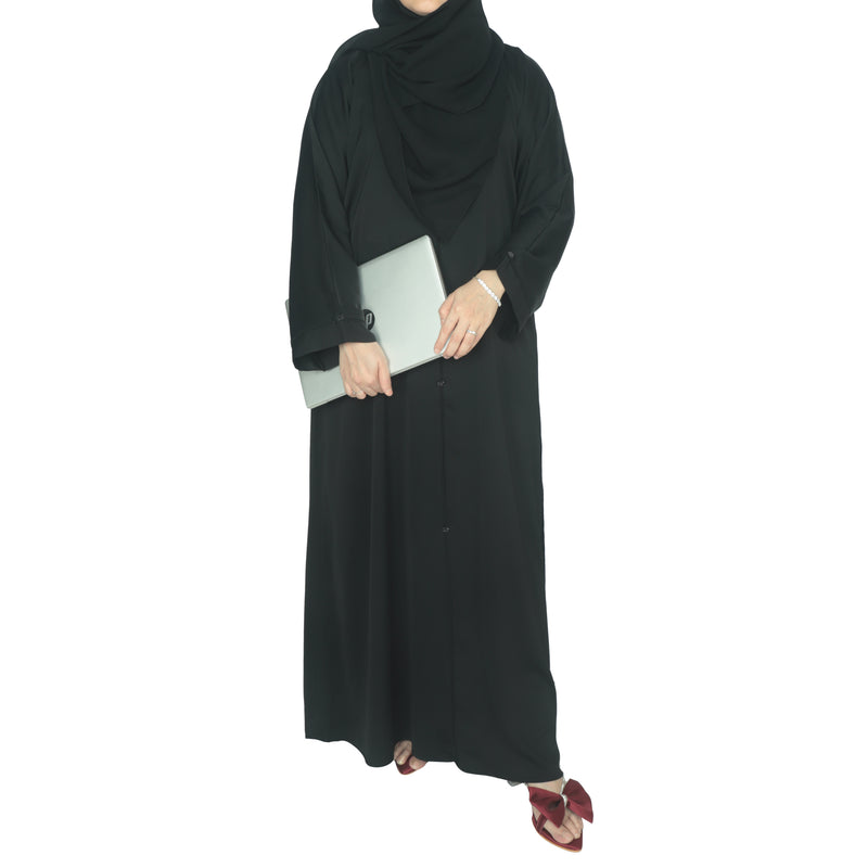 YUYINA MADE IN UAE Elegant Closed Abaya with Black Piping on Front and Sleeves, Decorative Buttons, with Matching Head Scarf, Everyday/Office Wear