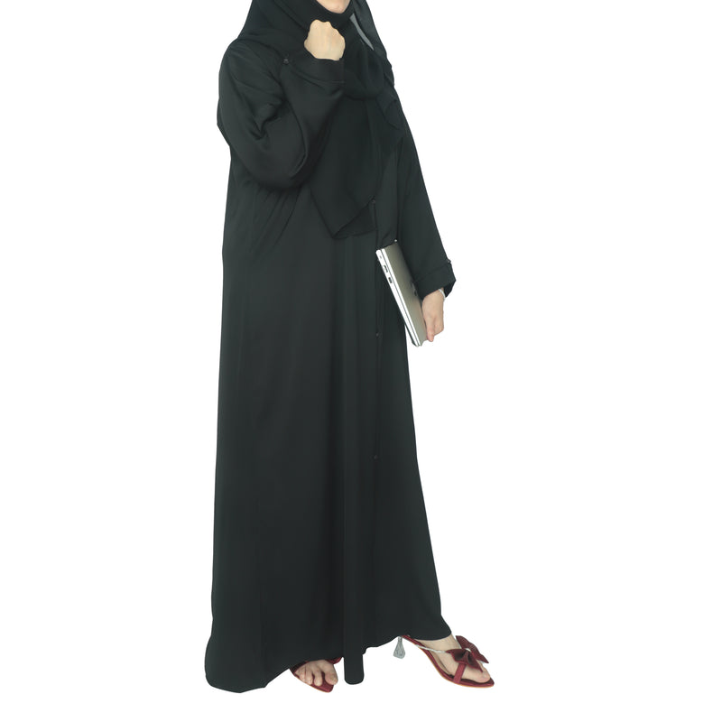 YUYINA MADE IN UAE Elegant Closed Abaya with Black Piping on Front and Sleeves, Decorative Buttons, with Matching Head Scarf, Everyday/Office Wear
