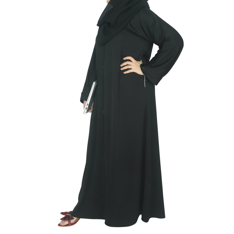 YUYINA MADE IN UAE Elegant Closed Abaya with Black Piping on Front and Sleeves, Decorative Buttons, with Matching Head Scarf, Everyday/Office Wear