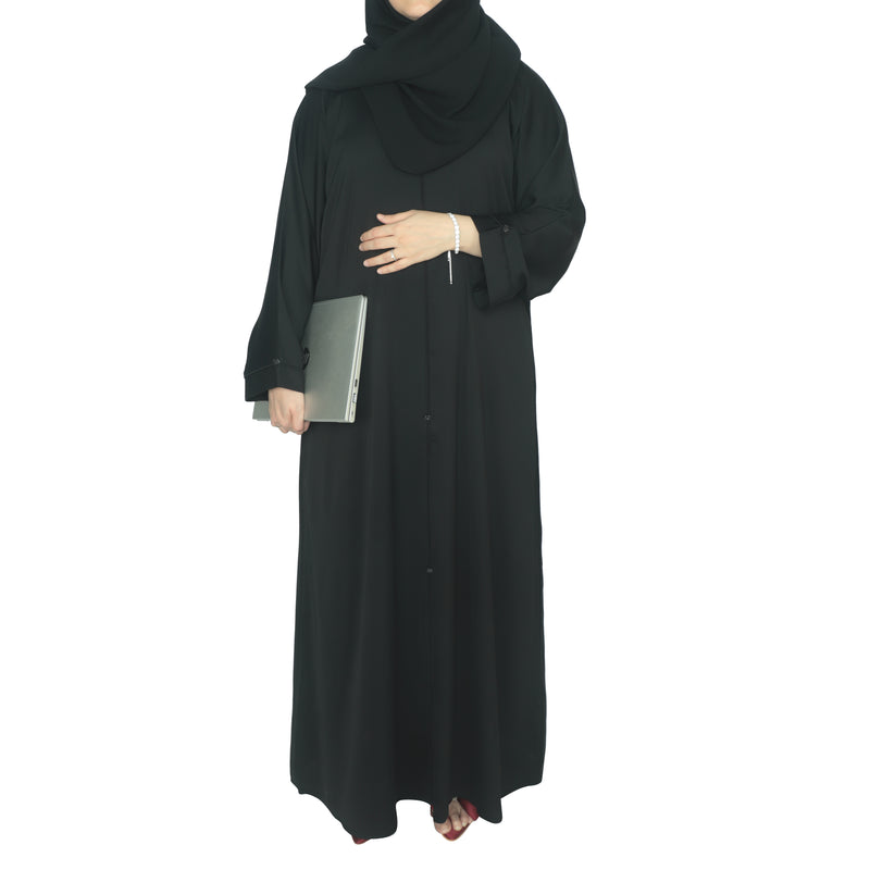 YUYINA MADE IN UAE Elegant Closed Abaya with Black Piping on Front and Sleeves, Decorative Buttons, with Matching Head Scarf, Everyday/Office Wear