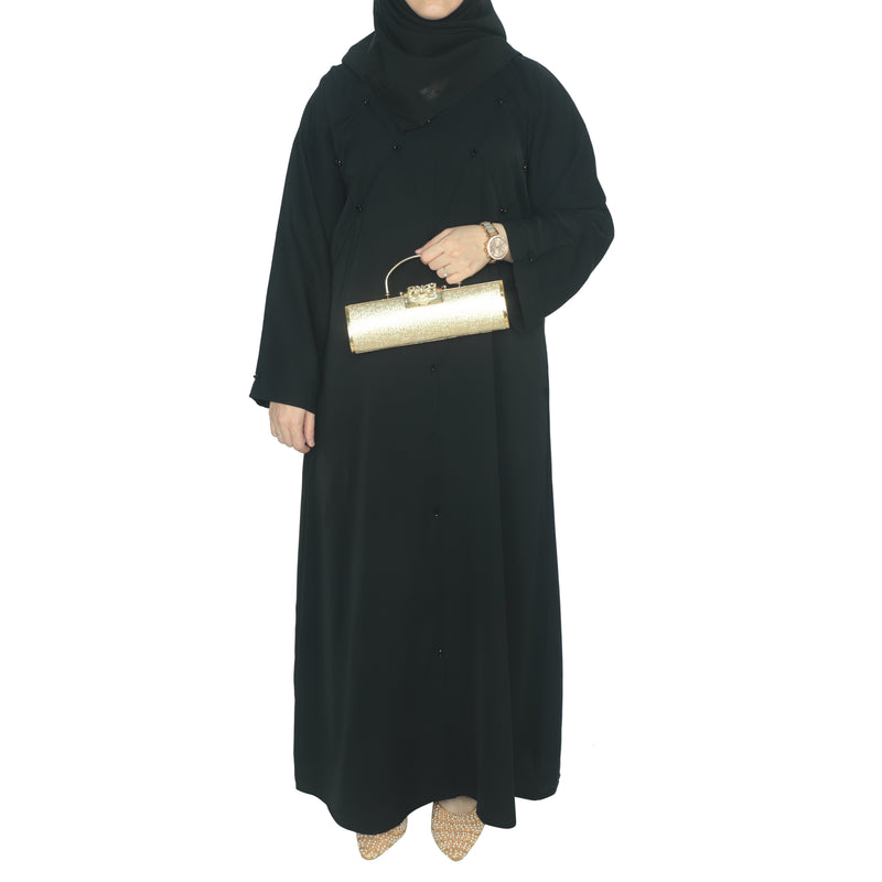 YUYINA MADE IN UAE Elegant Closed Abaya, Criss-Cross Piping, Bead Work , with Matching Head Scarf, Everyday/Office Wear