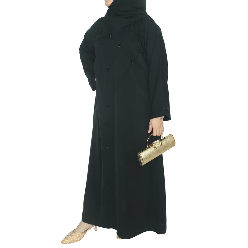 YUYINA MADE IN UAE Elegant Closed Abaya, Criss-Cross Piping, Bead Work , with Matching Head Scarf, Everyday/Office Wear