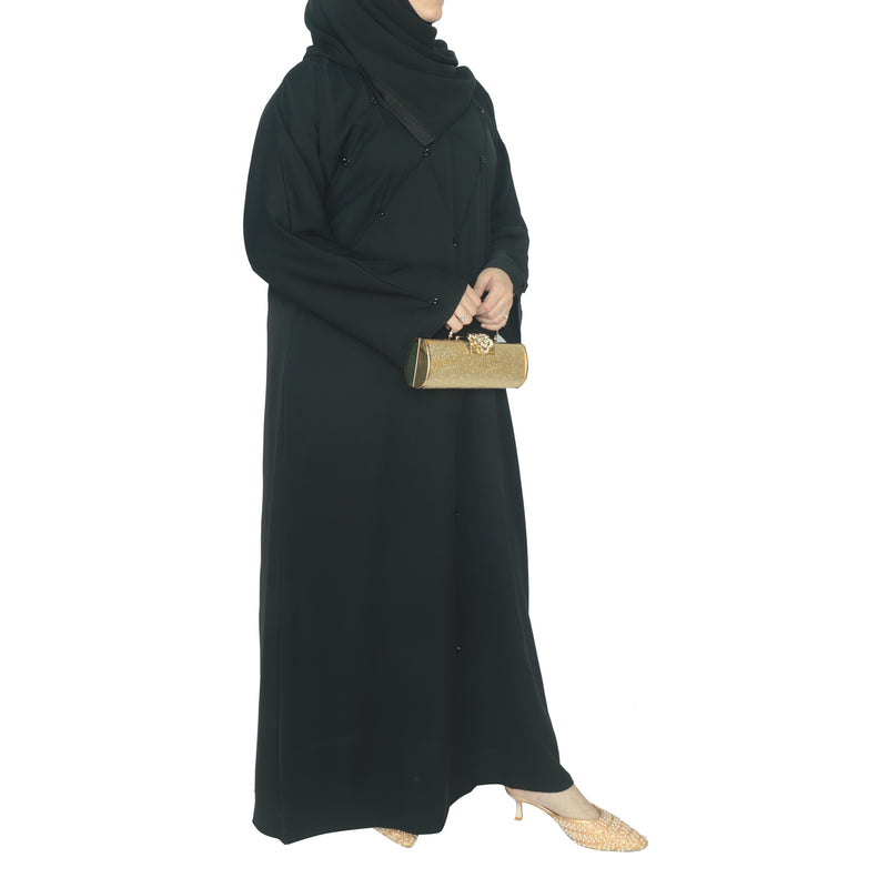 YUYINA MADE IN UAE Elegant Closed Abaya, Criss-Cross Piping, Bead Work , with Matching Head Scarf, Everyday/Office Wear