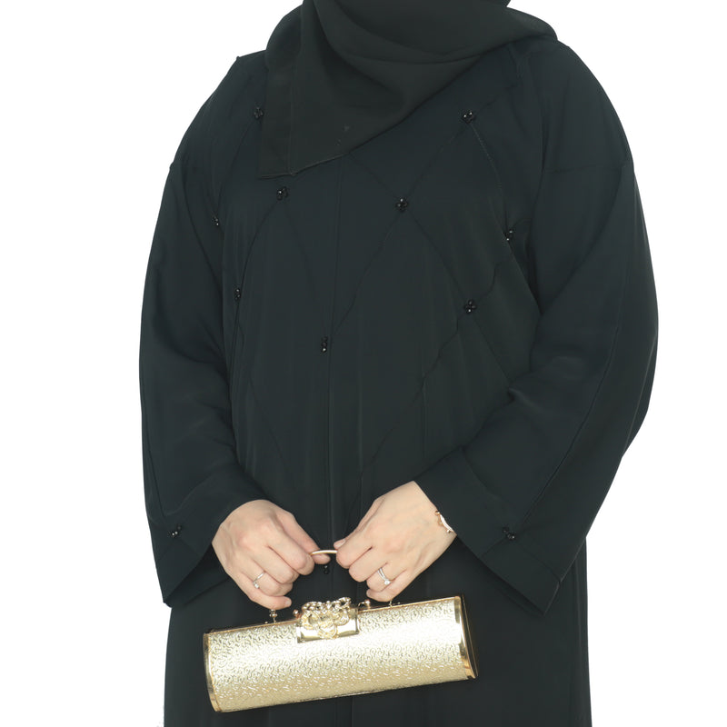 YUYINA MADE IN UAE Elegant Closed Abaya, Criss-Cross Piping, Bead Work , with Matching Head Scarf, Everyday/Office Wear