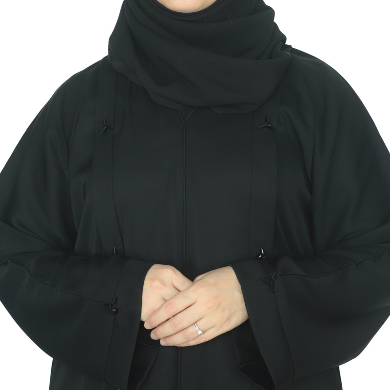 YUYINA MADE IN UAE Elegant Closed Abaya, Pleated Style , Triangle Pipe Work, with Matching Head Scarf, Everyday/Office Wear