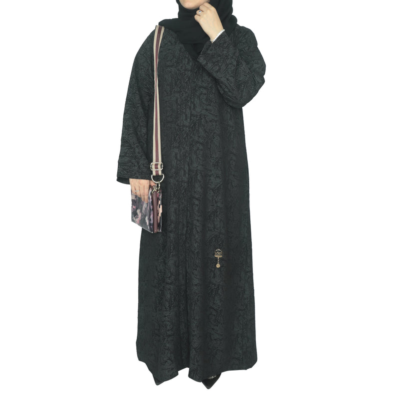 YUYINA MADE IN UAE Elegant Front Open Abaya with Buttons, Printed Design , with Matching Head Scarf , Everyday/Office Wear