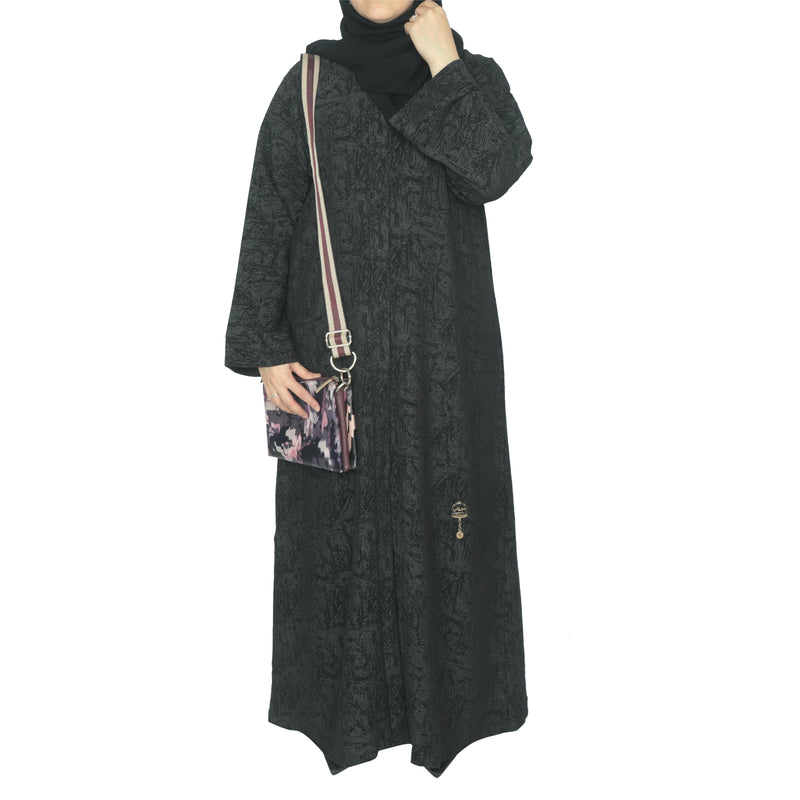 YUYINA MADE IN UAE Elegant Front Open Abaya with Buttons, Printed Design , with Matching Head Scarf , Everyday/Office Wear