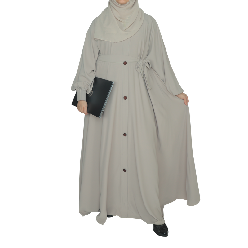 Yuyina MADE IN UAE Women's Elegant Closed A-Line Abaya with Button Detail Bishop Sleeves Belt & Matching Hijab for Office Daily Wear| Beige