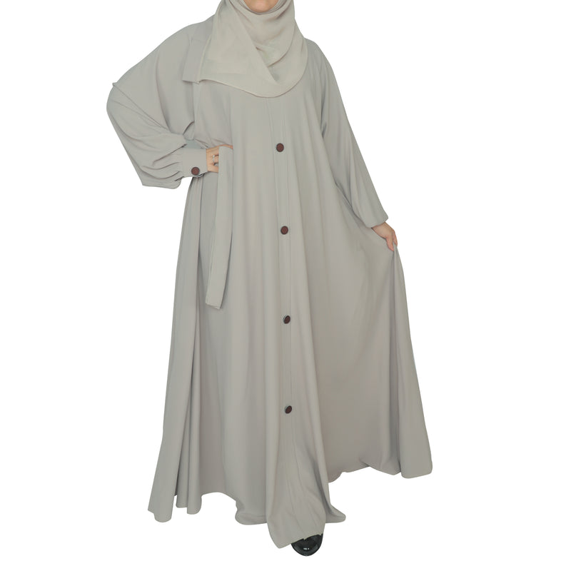 Yuyina MADE IN UAE Women's Elegant Closed A-Line Abaya with Button Detail Bishop Sleeves Belt & Matching Hijab for Office Daily Wear| Beige