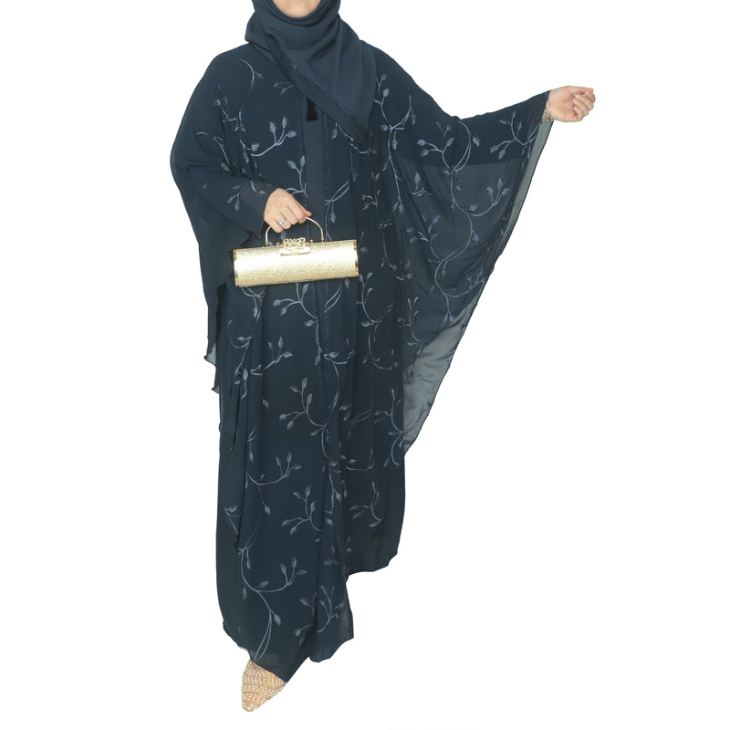 Yuyina MADE IN UAE Women's Butterfly Style Dual Layer Closed Abaya with Embroidery| Stone Work & Matching Head Scarf| Midnight Blue