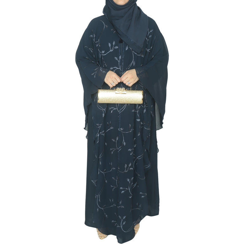 Yuyina MADE IN UAE Women's Butterfly Style Dual Layer Closed Abaya with Embroidery| Stone Work & Matching Head Scarf| Midnight Blue